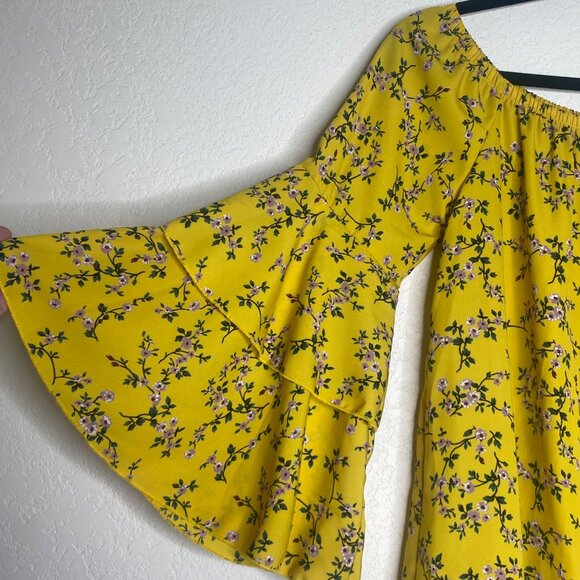 Oddy Yellow Floral Print Bell Sleeve Off-Shoulder Blouse L Boho Peasant - Picture 5 of 6